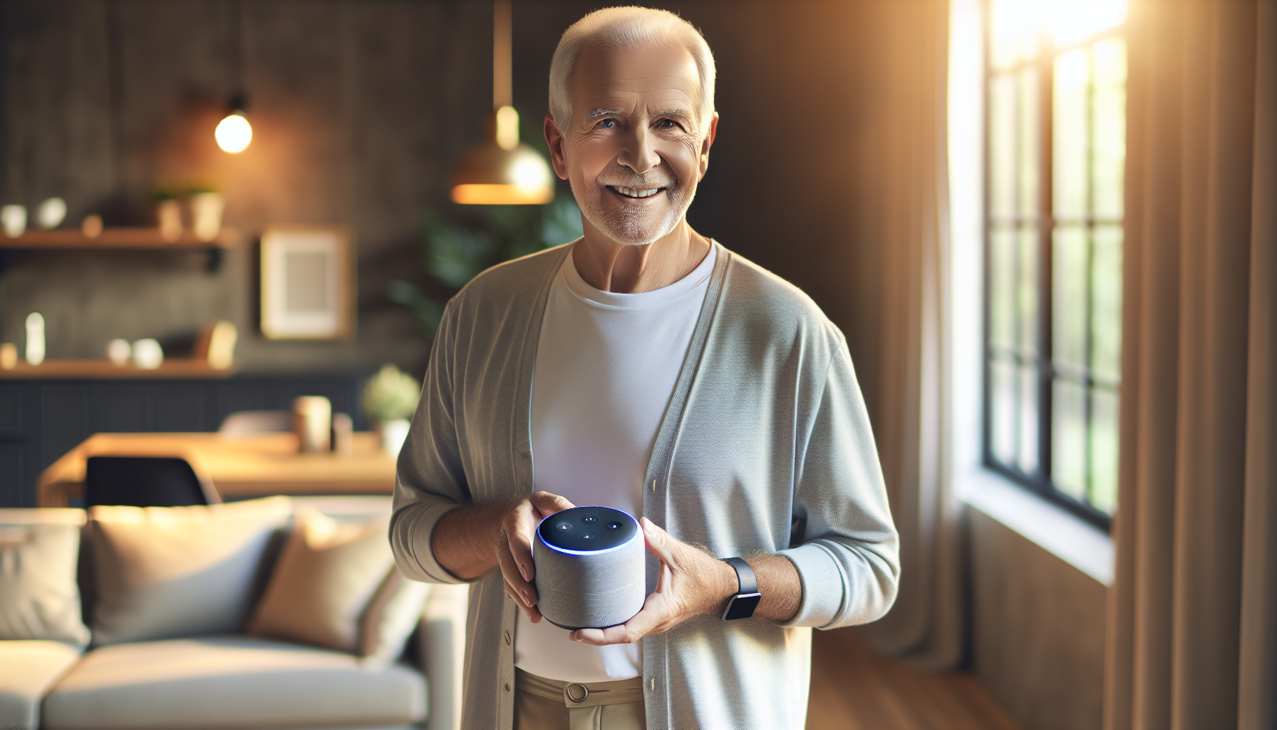 Senior man using smart home technology to age in place safely in 2026
