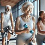 Active seniors doing exercise variety including yoga dumbbells and cycling for longevity