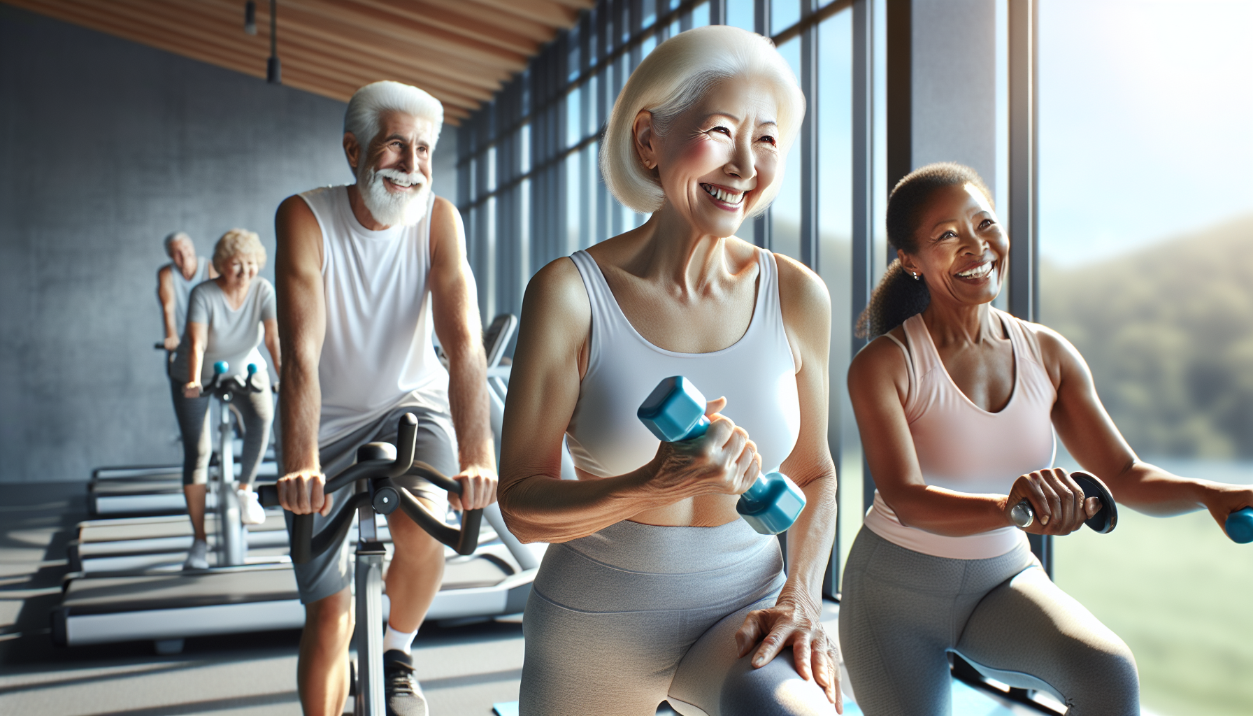 Active seniors doing exercise variety including yoga dumbbells and cycling for longevity