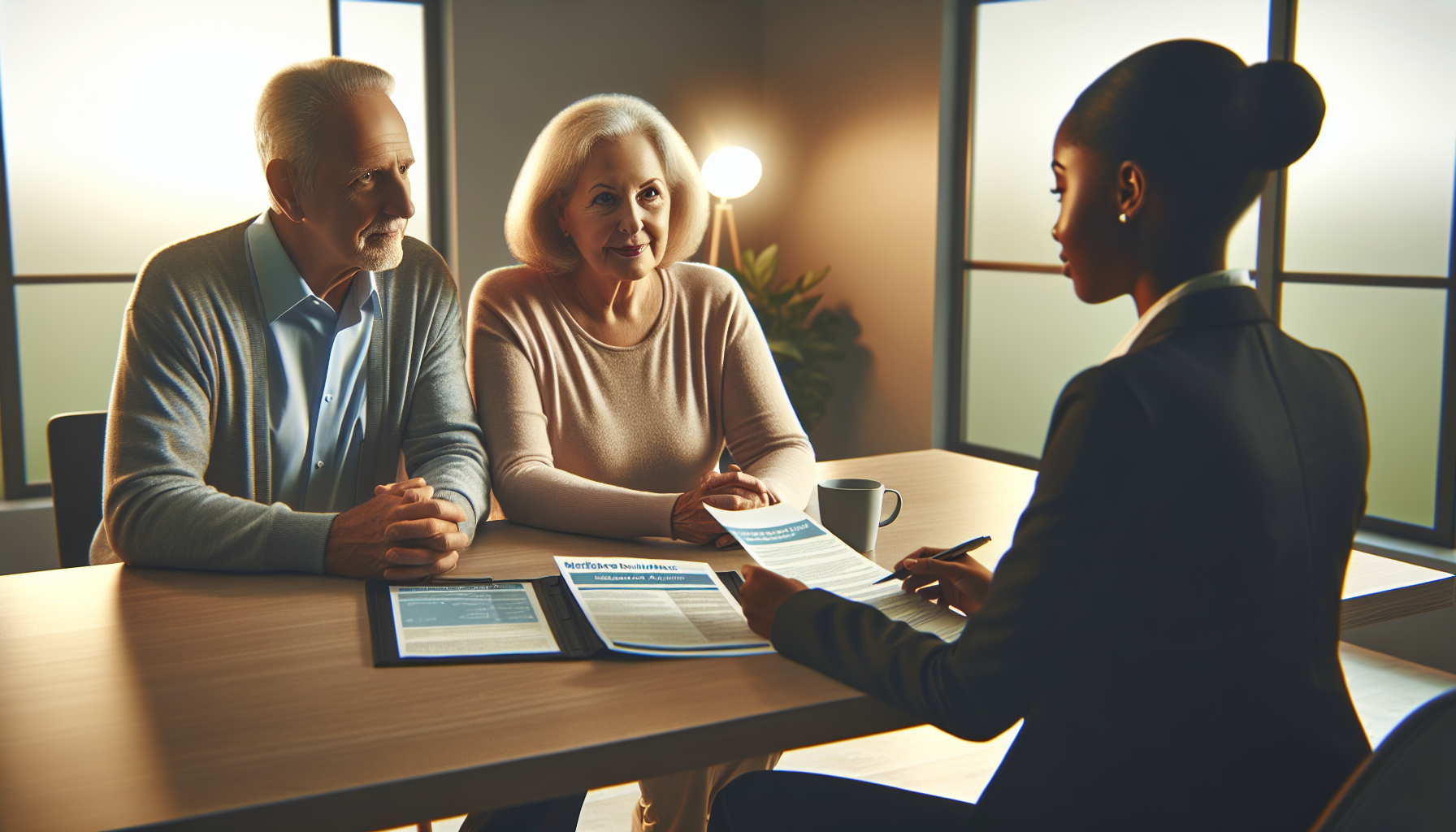Senior couple reviewing Medicare 2027 plan changes with a healthcare counselor