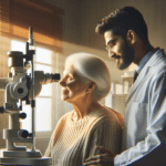 Elderly woman having her eyes examined at an optometrist office using Medicare vision coverage