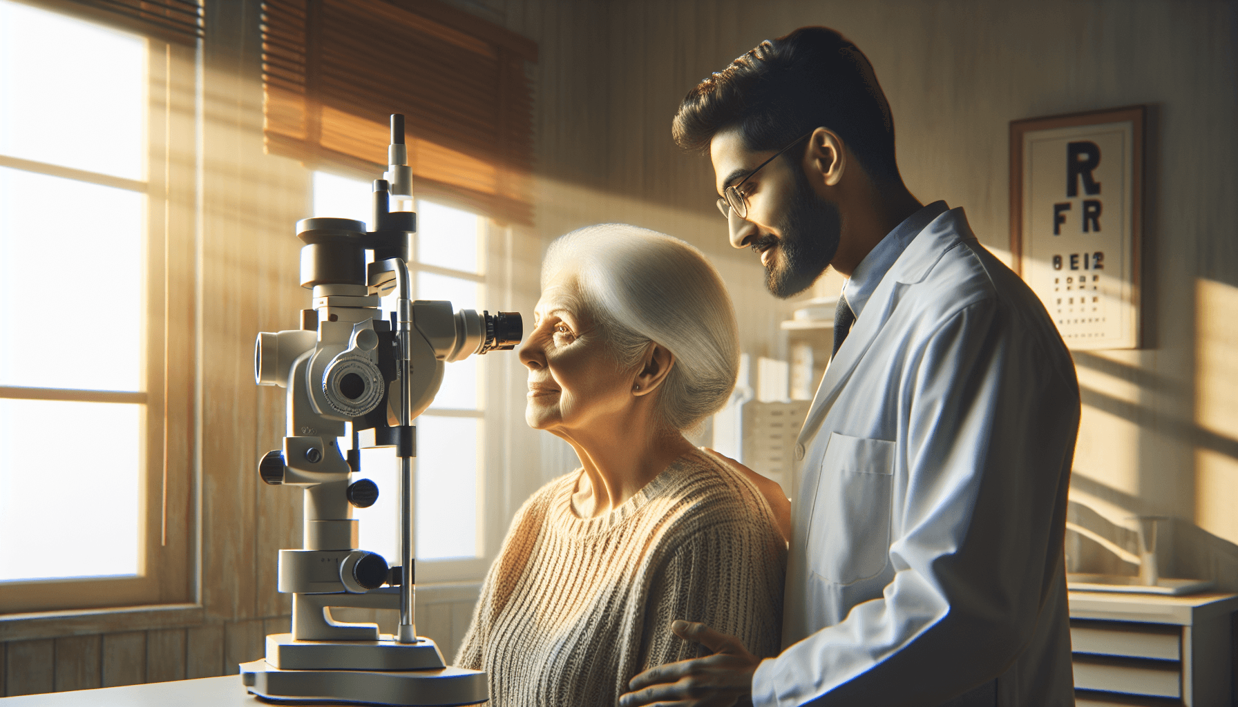 Elderly woman having her eyes examined at an optometrist office using Medicare vision coverage