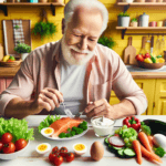 Senior man enjoying protein-rich meal of salmon and eggs to support muscle health