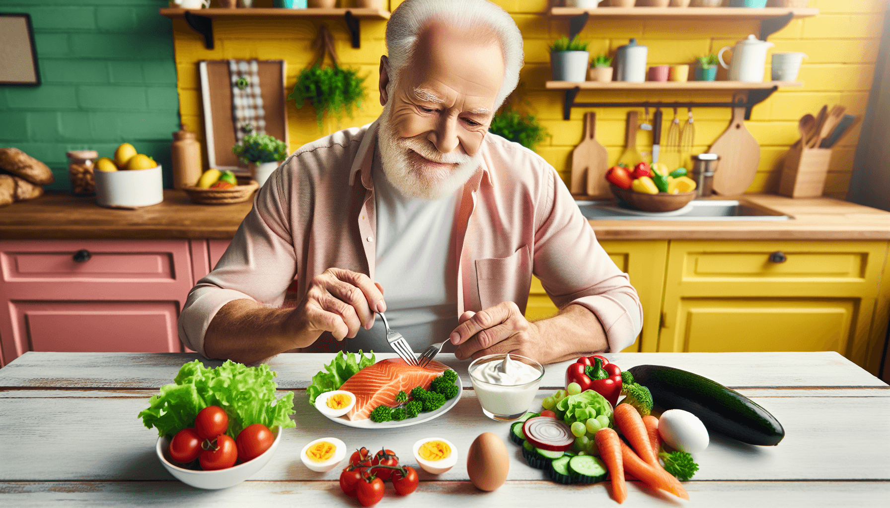 Senior man enjoying protein-rich meal of salmon and eggs to support muscle health