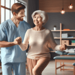 senior woman doing fall prevention balance exercises with physical therapist 2026