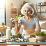 Senior woman doing weight-bearing exercise for osteoporosis prevention with calcium-rich foods nearby