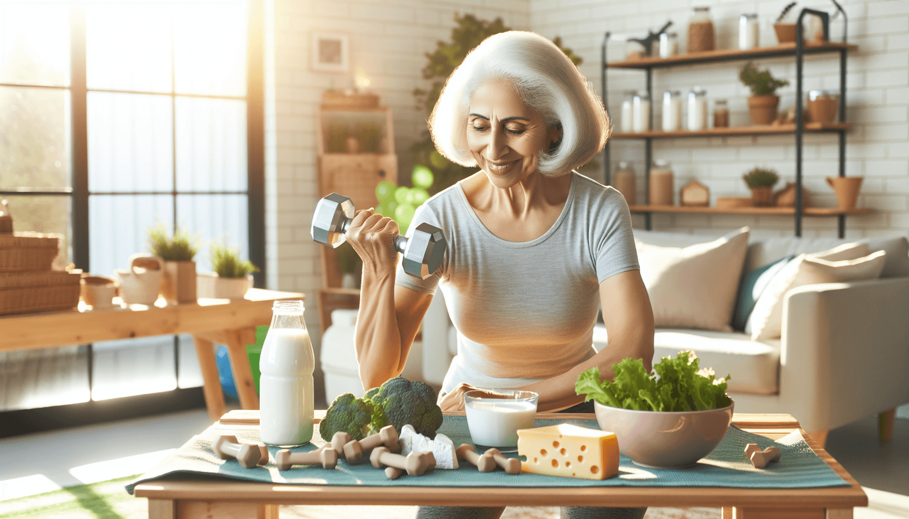 Senior woman doing weight-bearing exercise for osteoporosis prevention with calcium-rich foods nearby