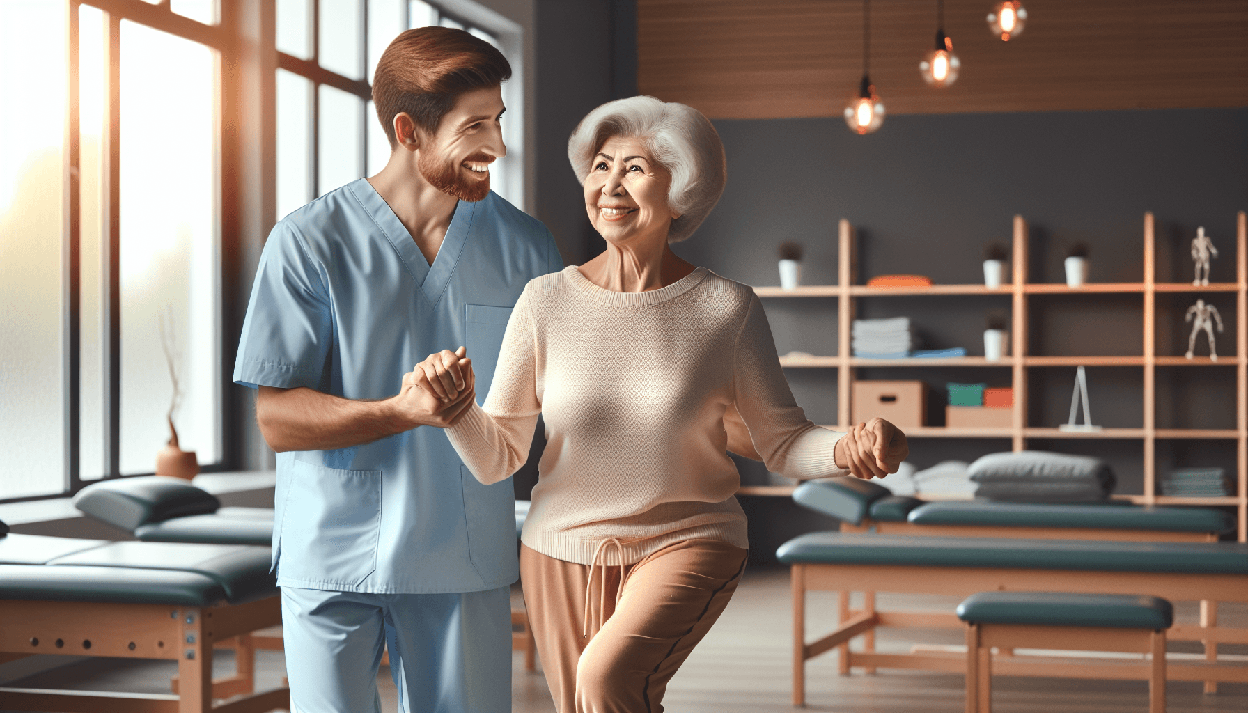 senior woman doing fall prevention balance exercises with physical therapist 2026