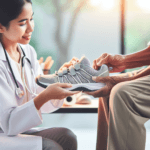 Podiatrist fitting therapeutic neuropathy shoes for elderly senior with Medicare coverage