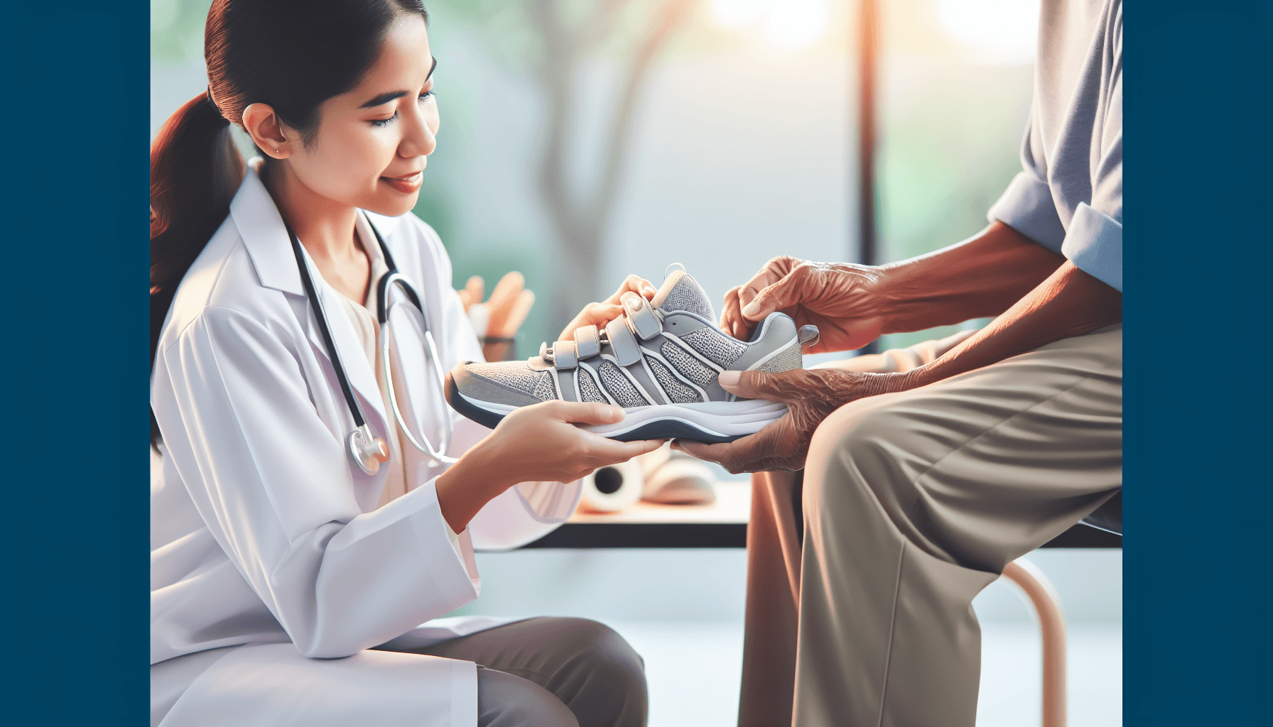 Podiatrist fitting therapeutic neuropathy shoes for elderly senior with Medicare coverage