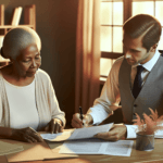 Senior woman reviewing SNAP benefits paperwork with social worker about 2026 work requirements