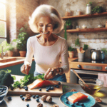 senior woman preparing anti-inflammatory Mediterranean diet meal with fresh vegetables and salmon
