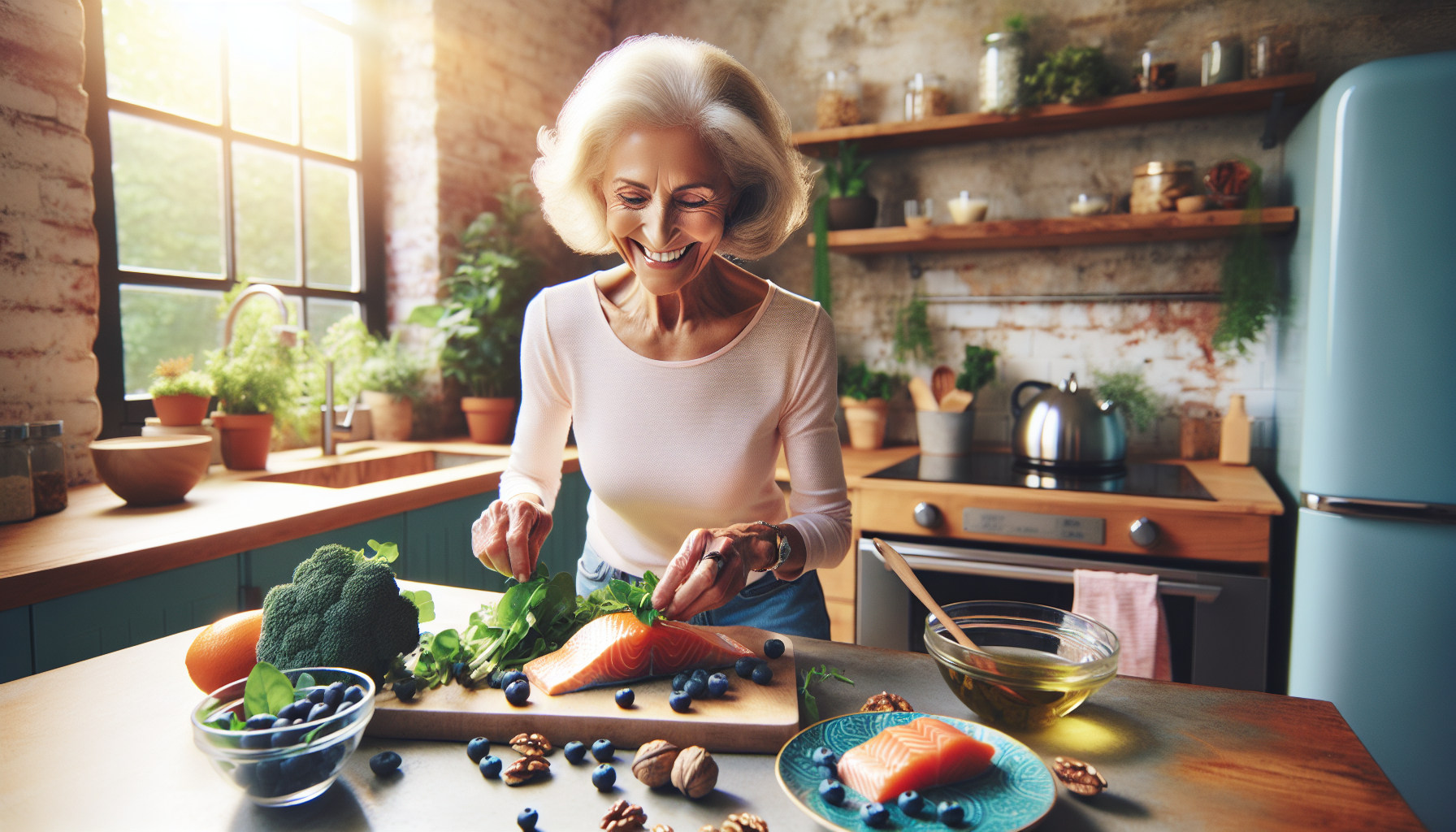 senior woman preparing anti-inflammatory Mediterranean diet meal with fresh vegetables and salmon