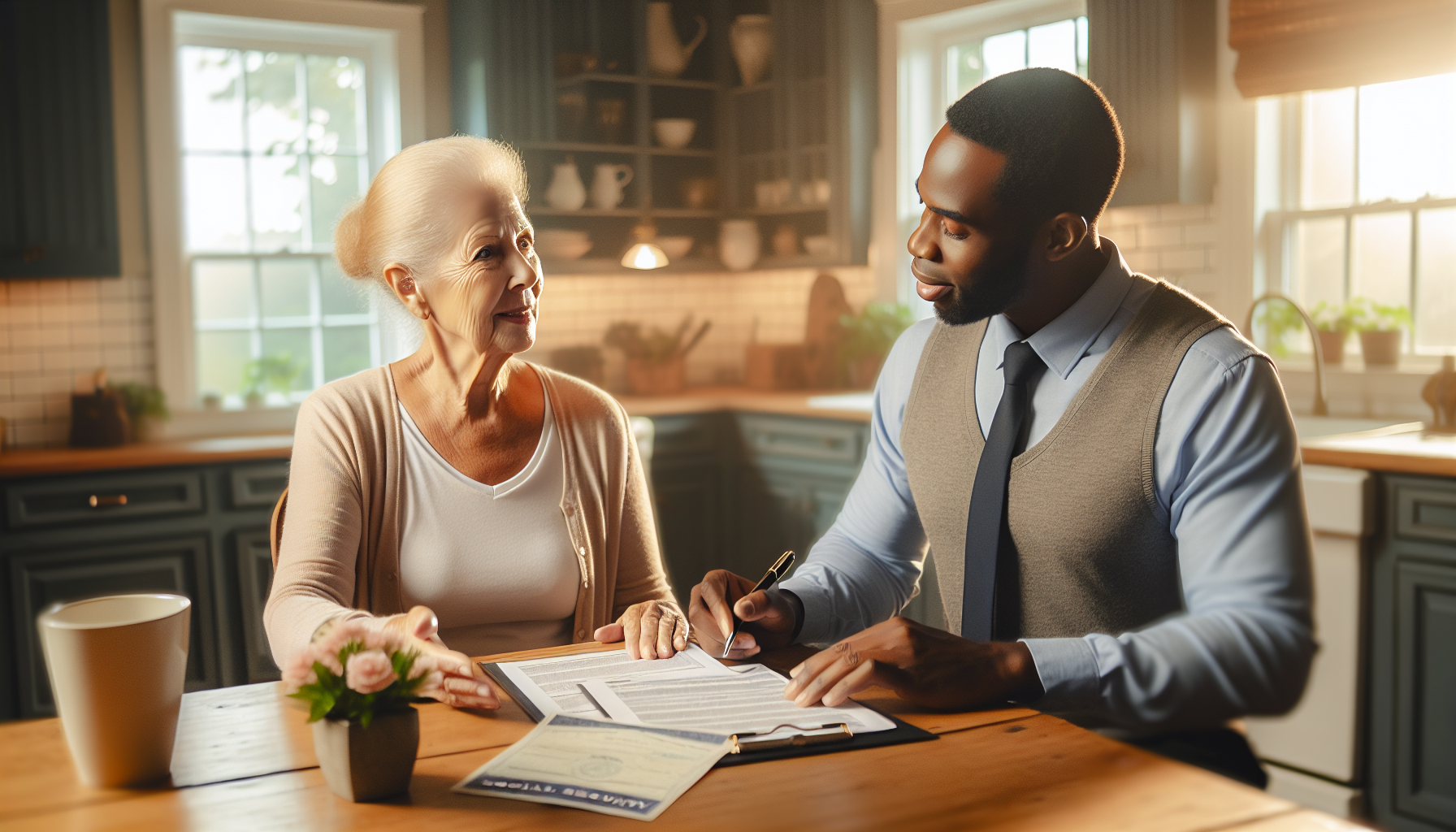 Senior woman reviewing Social Security retroactive benefits paperwork with financial advisor 2026