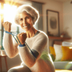 Senior woman doing resistance band exercises to prevent sarcopenia muscle loss