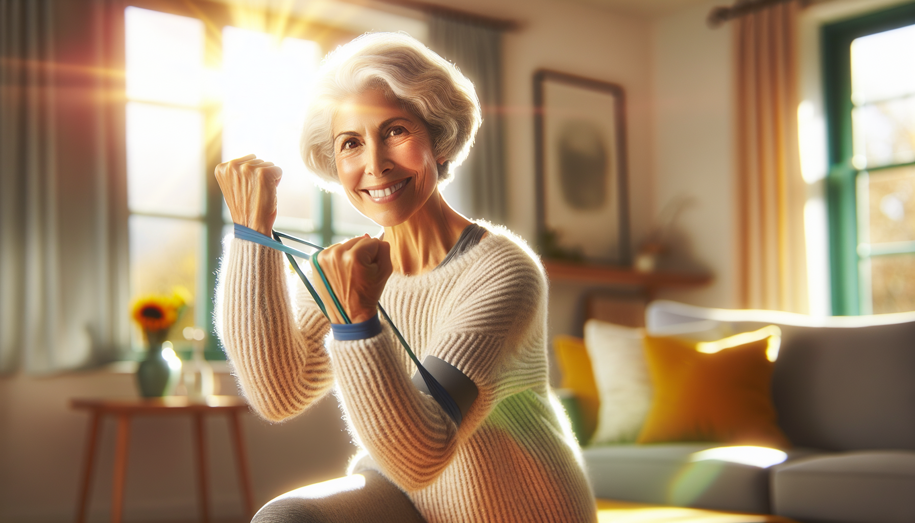 Senior woman doing resistance band exercises to prevent sarcopenia muscle loss