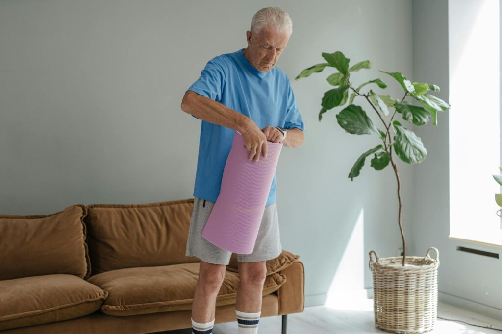 Elderly senior doing morning balance exercises