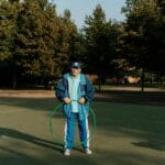 Senior doing balance exercises to prevent falls