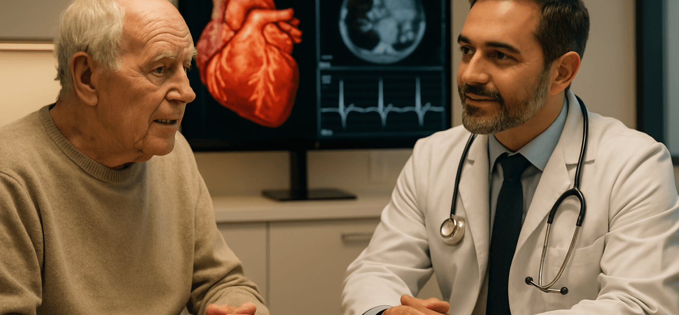 Aortic stenosis in seniors 2026 elderly man consulting cardiologist about TAVR