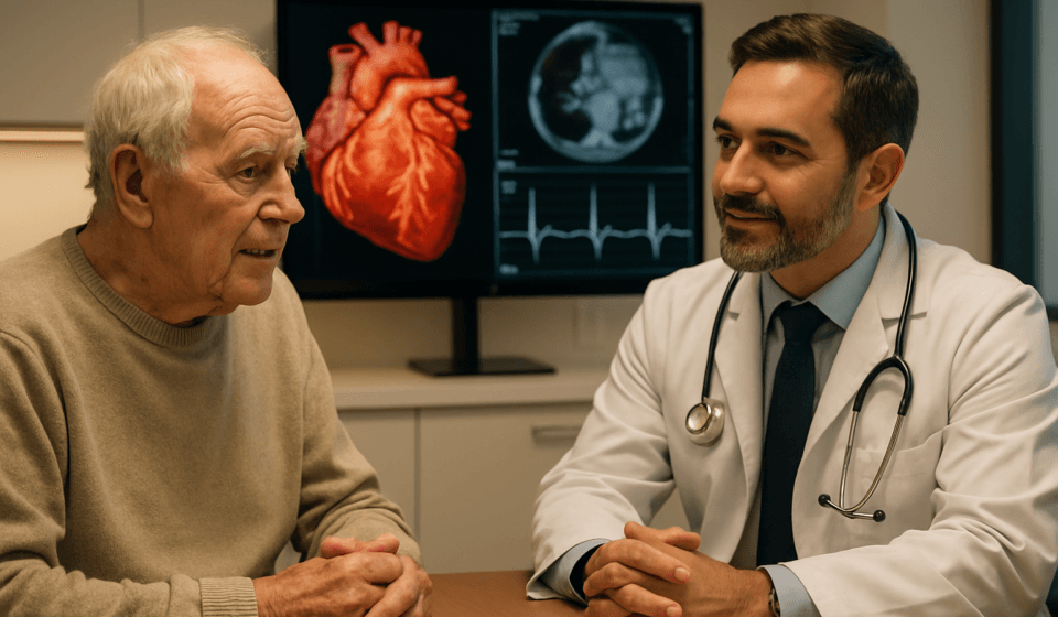 Aortic stenosis in seniors 2026 elderly man consulting cardiologist about TAVR