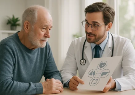 Senior man discussing colorectal cancer screening options with doctor 2026