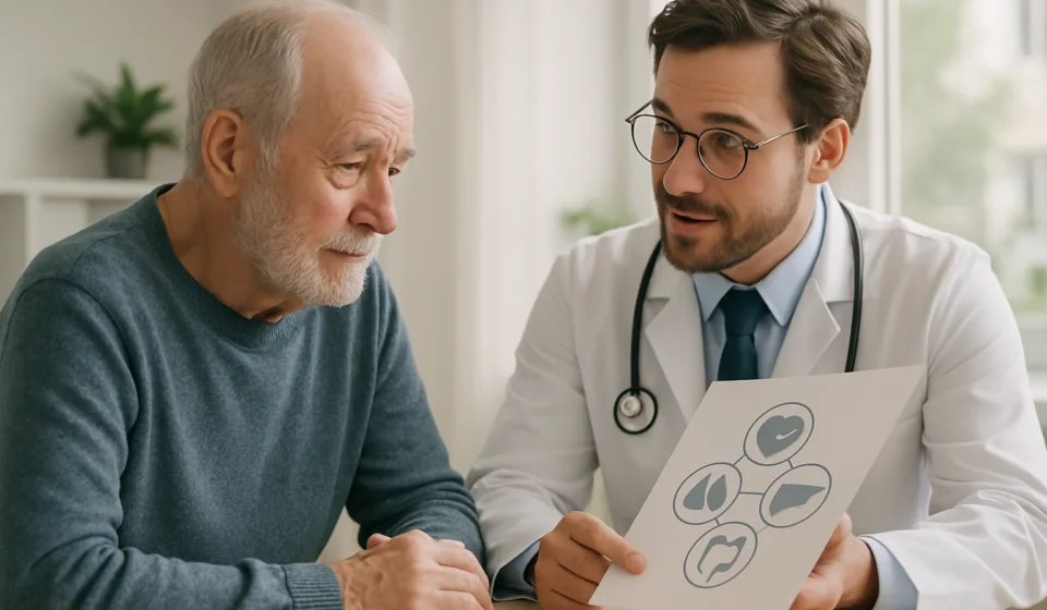 Senior man discussing colorectal cancer screening options with doctor 2026
