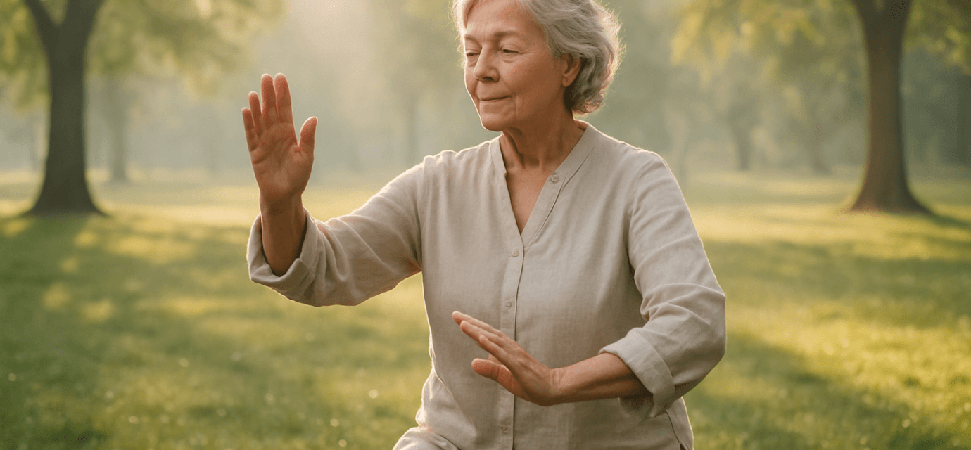 Fibromyalgia in seniors 2026 elderly woman doing gentle tai chi for pain relief