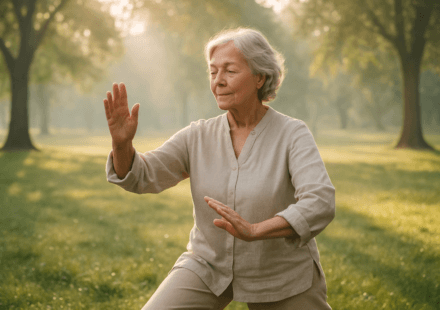 Fibromyalgia in seniors 2026 elderly woman doing gentle tai chi for pain relief