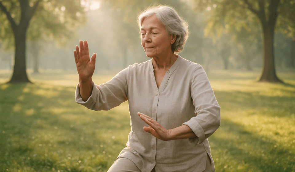 Fibromyalgia in seniors 2026 elderly woman doing gentle tai chi for pain relief