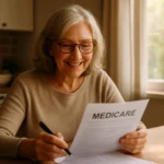 Senior woman enrolling in Medicare for the first time reviewing paperwork