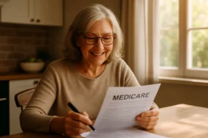 Senior woman enrolling in Medicare for the first time reviewing paperwork