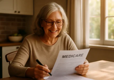 Senior woman enrolling in Medicare for the first time reviewing paperwork