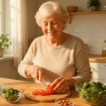 Senior woman preparing magnesium-rich healthy meal with leafy greens nuts and seeds in 2026