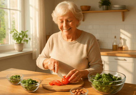Senior woman preparing magnesium-rich healthy meal with leafy greens nuts and seeds in 2026