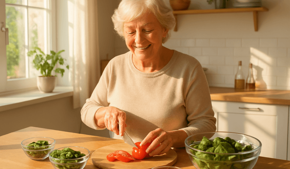 Magnesium for Seniors 2026: 7 Benefits, Best Forms & Deficiency Signs Senior woman preparing magnesium-rich healthy meal with leafy greens nuts and seeds in 2026