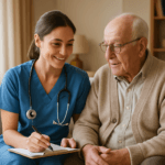 Medicare-certified nurse providing home health care visit to senior patient at home in 2026