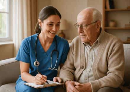 Medicare-certified nurse providing home health care visit to senior patient at home in 2026