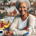 senior woman checking blood sugar with continuous glucose monitor at home 2026
