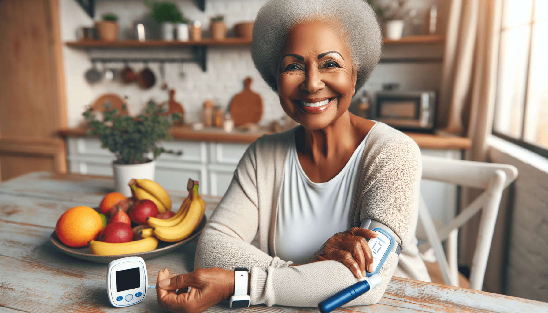 senior woman checking blood sugar with continuous glucose monitor at home 2026