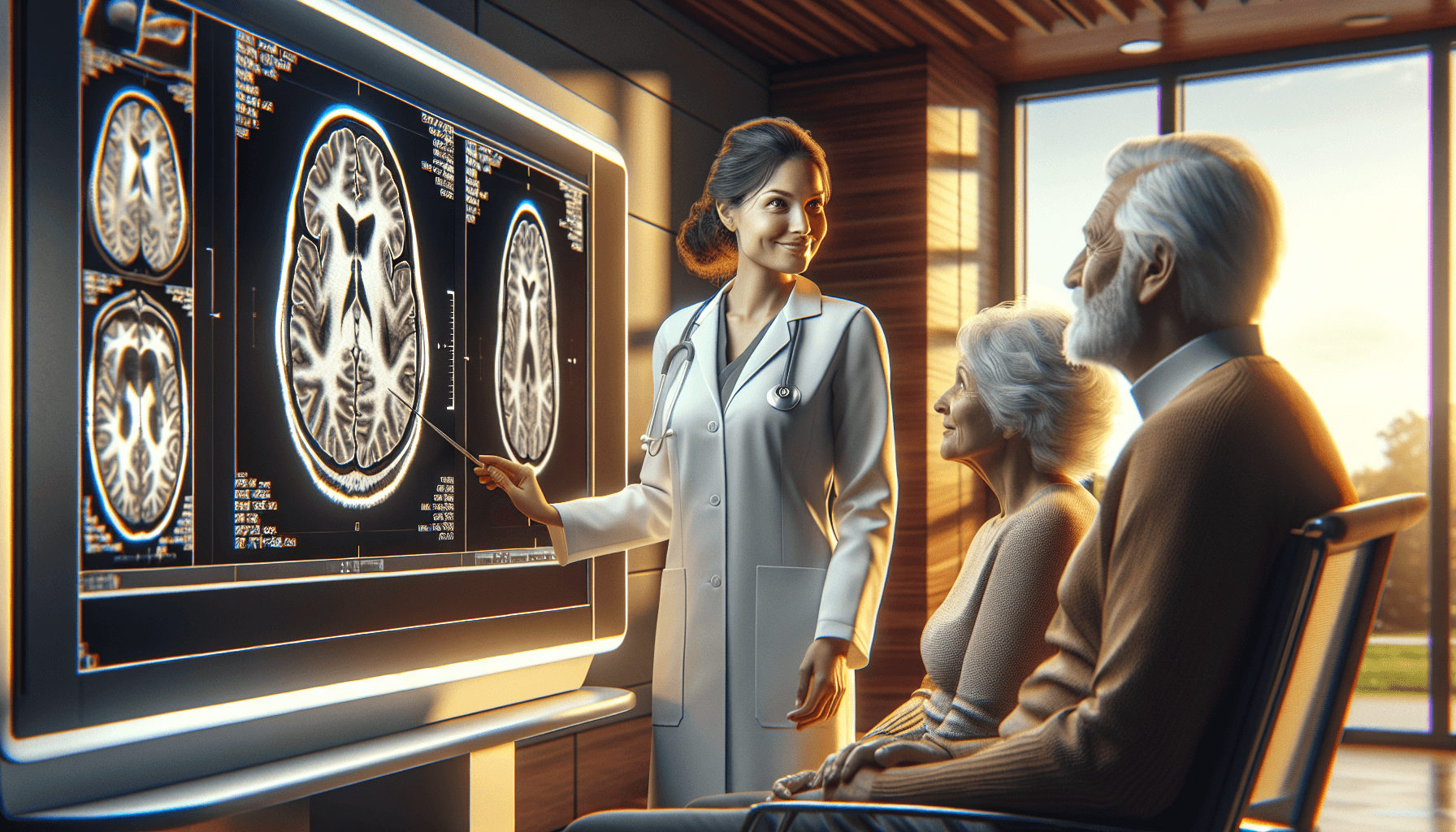 senior couple reviewing brain scan with neurologist for AI Alzheimers early detection 2026