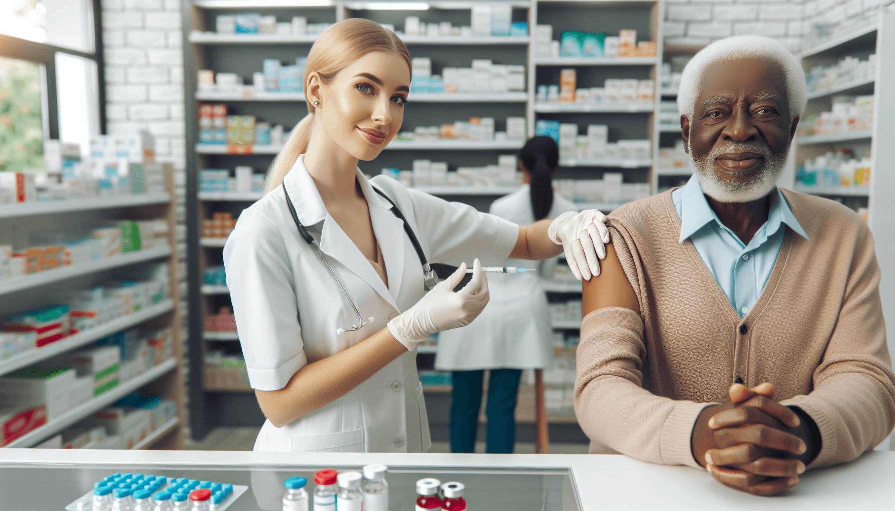 senior receiving shingles Shingrix vaccine from pharmacist in 2026