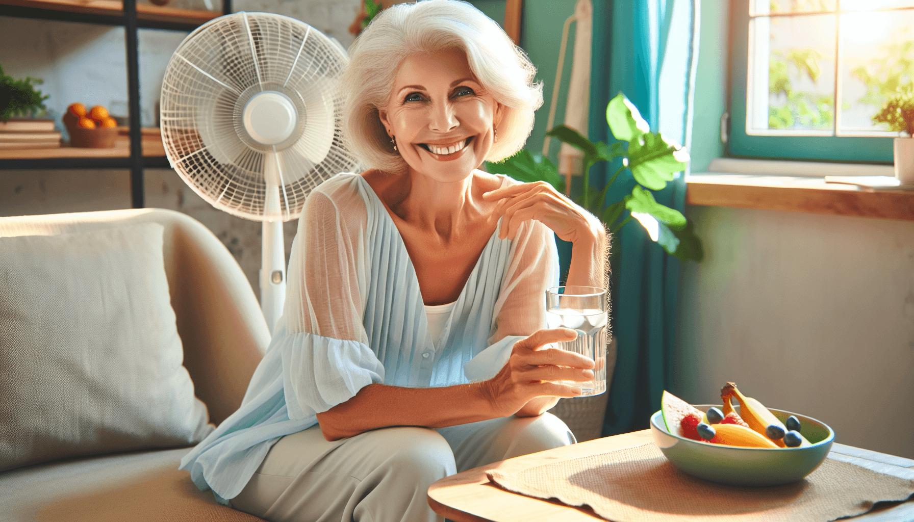 senior woman staying cool indoors with water bottle and fan during summer heat 2026