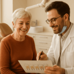 Senior woman at dental office learning about Medicare dental implants coverage 2026
