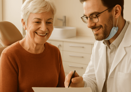 Senior woman at dental office learning about Medicare dental implants coverage 2026