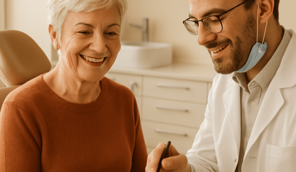 Does Medicare Cover Dental Implants in 2026? What Seniors Must Know Senior woman at dental office learning about Medicare dental implants coverage 2026