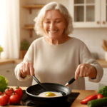 Senior woman cooking eggs for brain health and Alzheimer's prevention