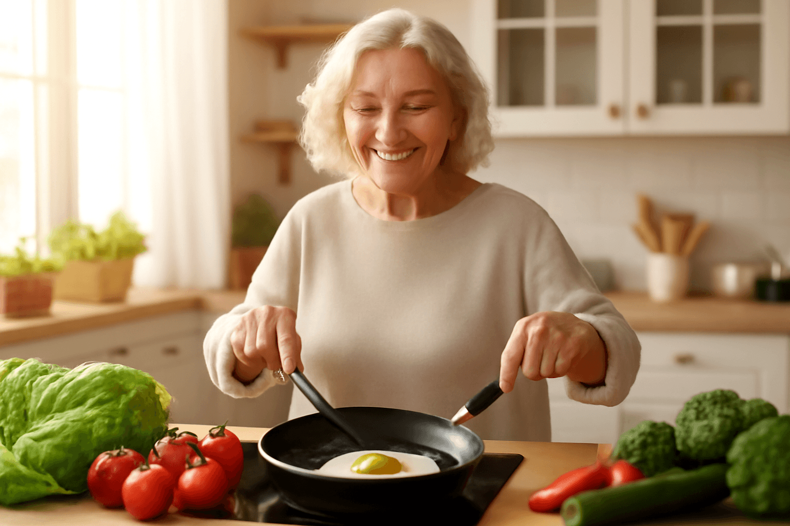 Senior woman cooking eggs for brain health and Alzheimer's prevention