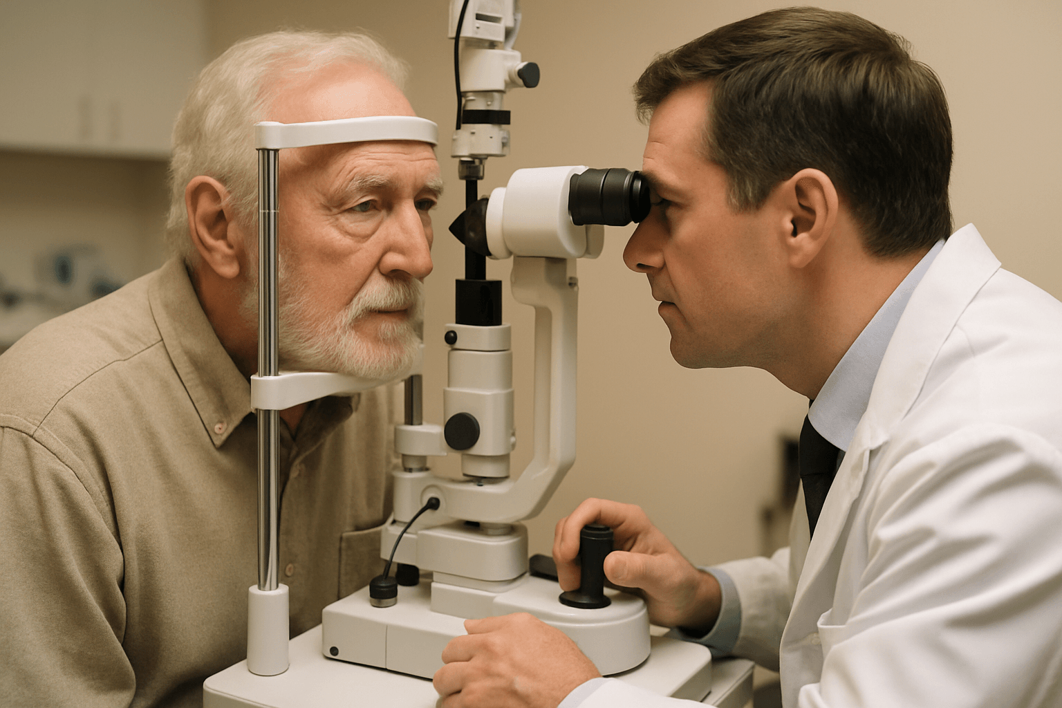 Senior man undergoing eye exam for macular degeneration detection