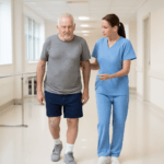Senior man in supervised exercise therapy for peripheral artery disease
