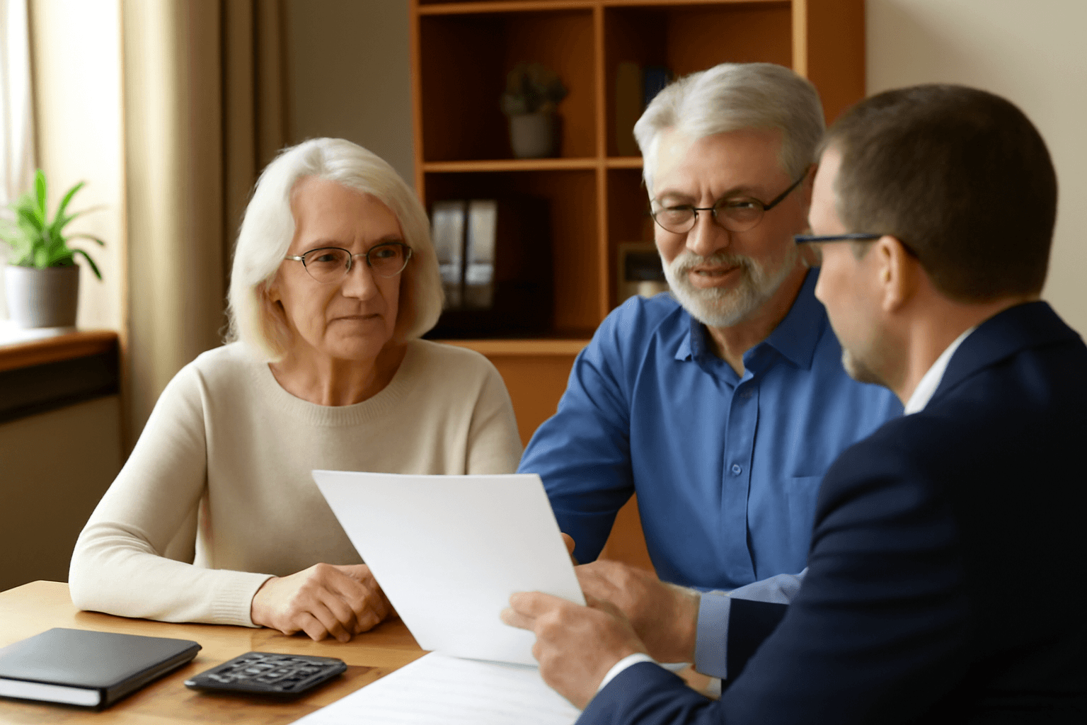 Senior couple planning long-term care options with financial advisor 2026